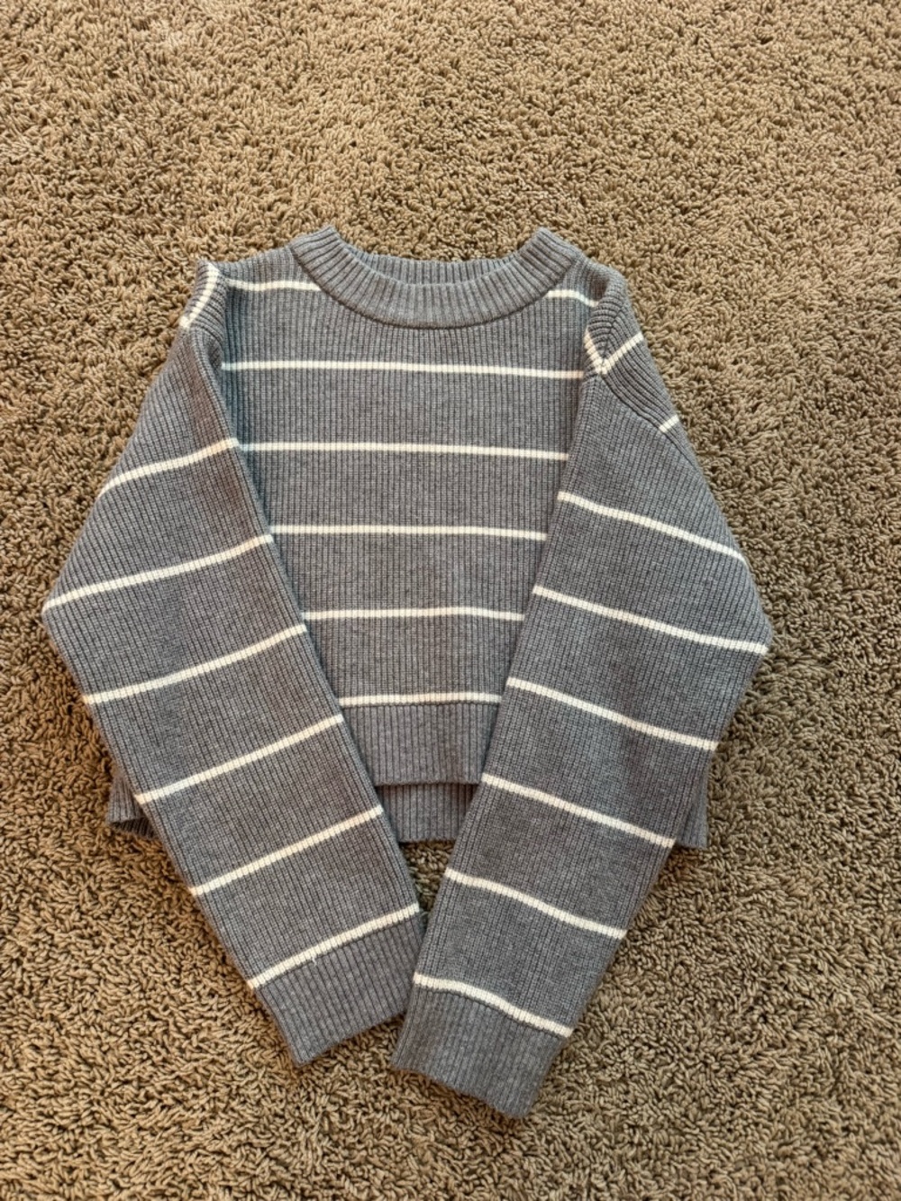 Zara Gray and White Striped Crewneck Sweater